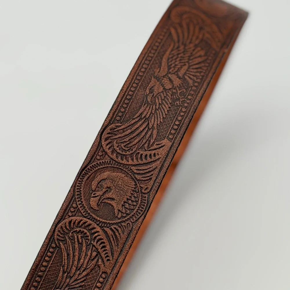 Vintage Western Brown Tooled Leather Belt Eagle Phoenix Embossed Silver Buckle